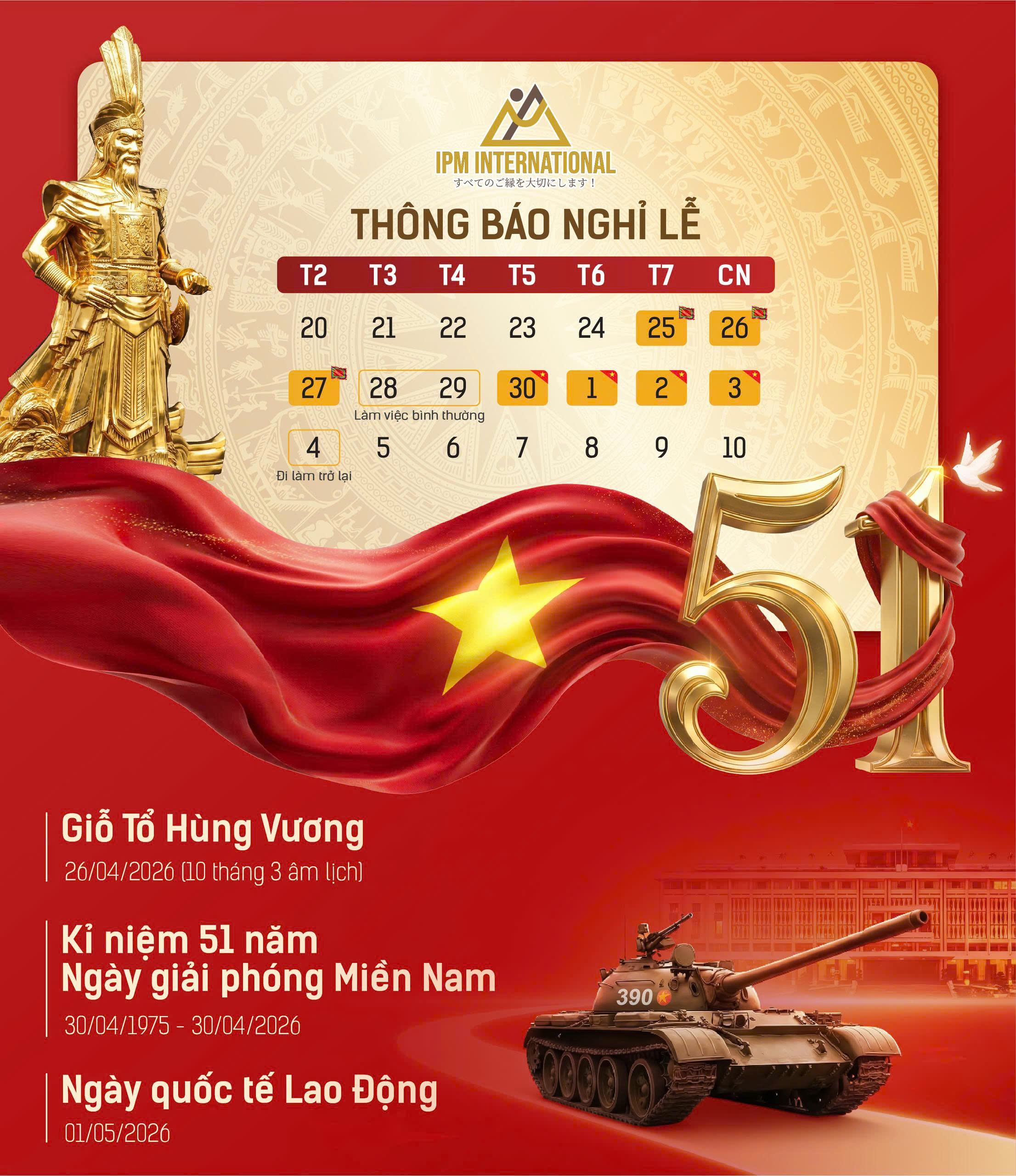 THÔNG BÁO LỊCH NGHỈ LỄ GIỖ TỔ HÙNG VƯƠNG & 30/04 – 01/05