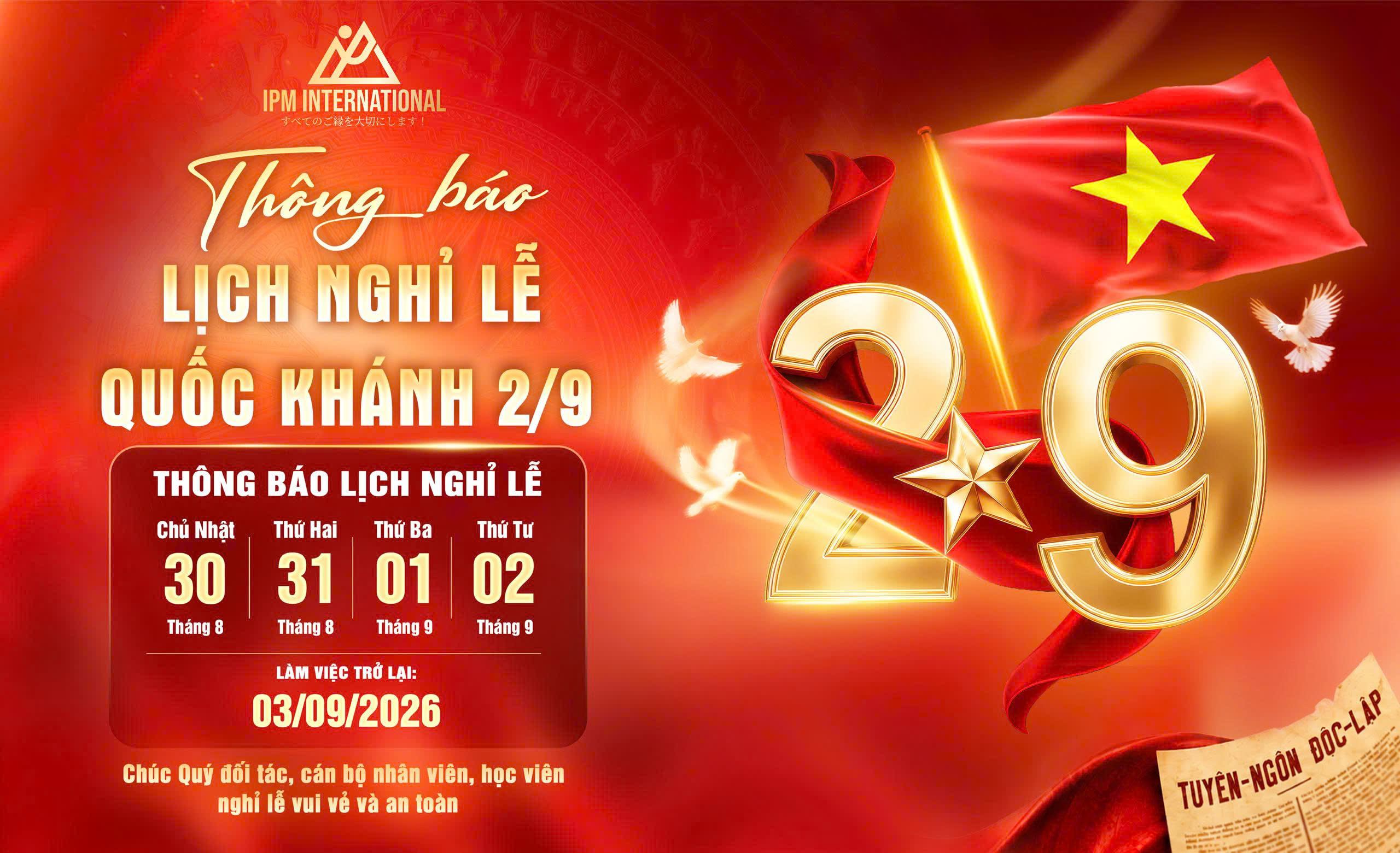 THÔNG BÁO LỊCH NGHỈ LỄ QUỐC KHÁNH 2/9/2026
